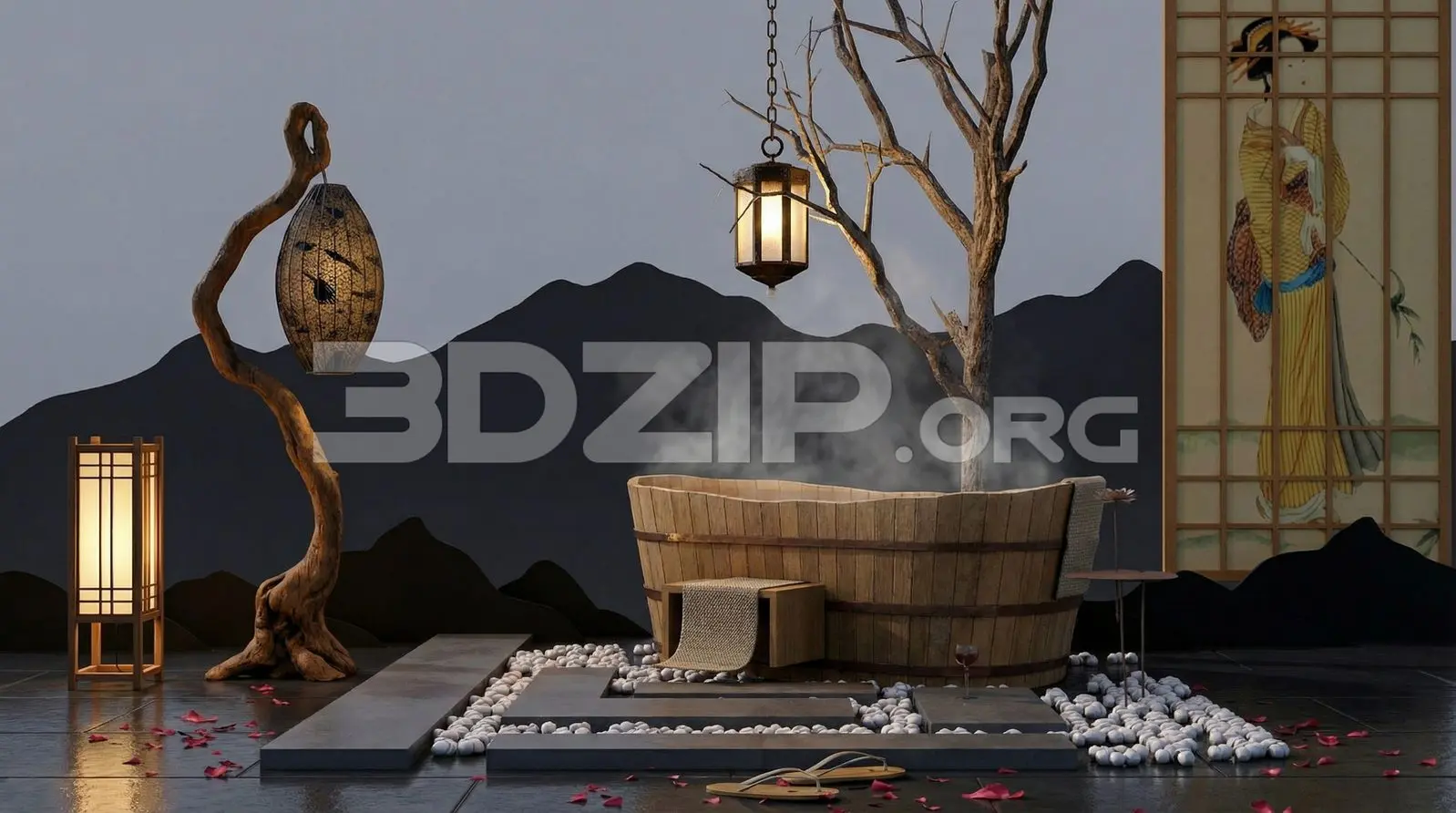 Zen Garden Bathroom Render Wooden Tub & Ambient Lighting