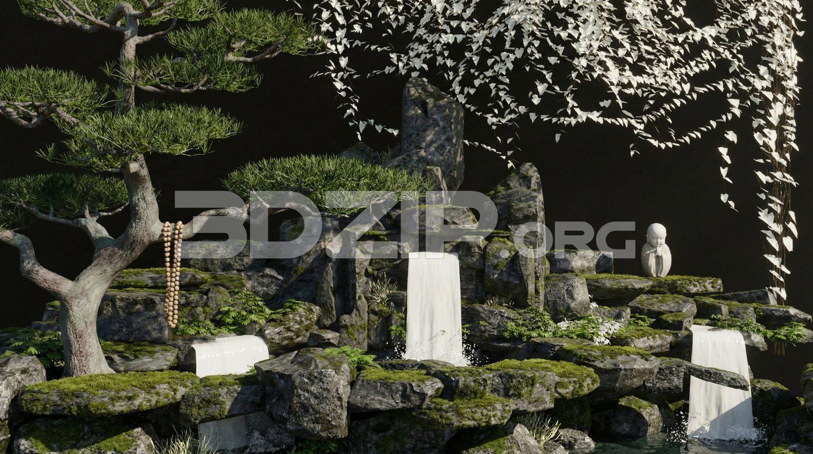 Nature Scene Zen Garden, Waterfall, Mossy Rocks & Bonsai Tree