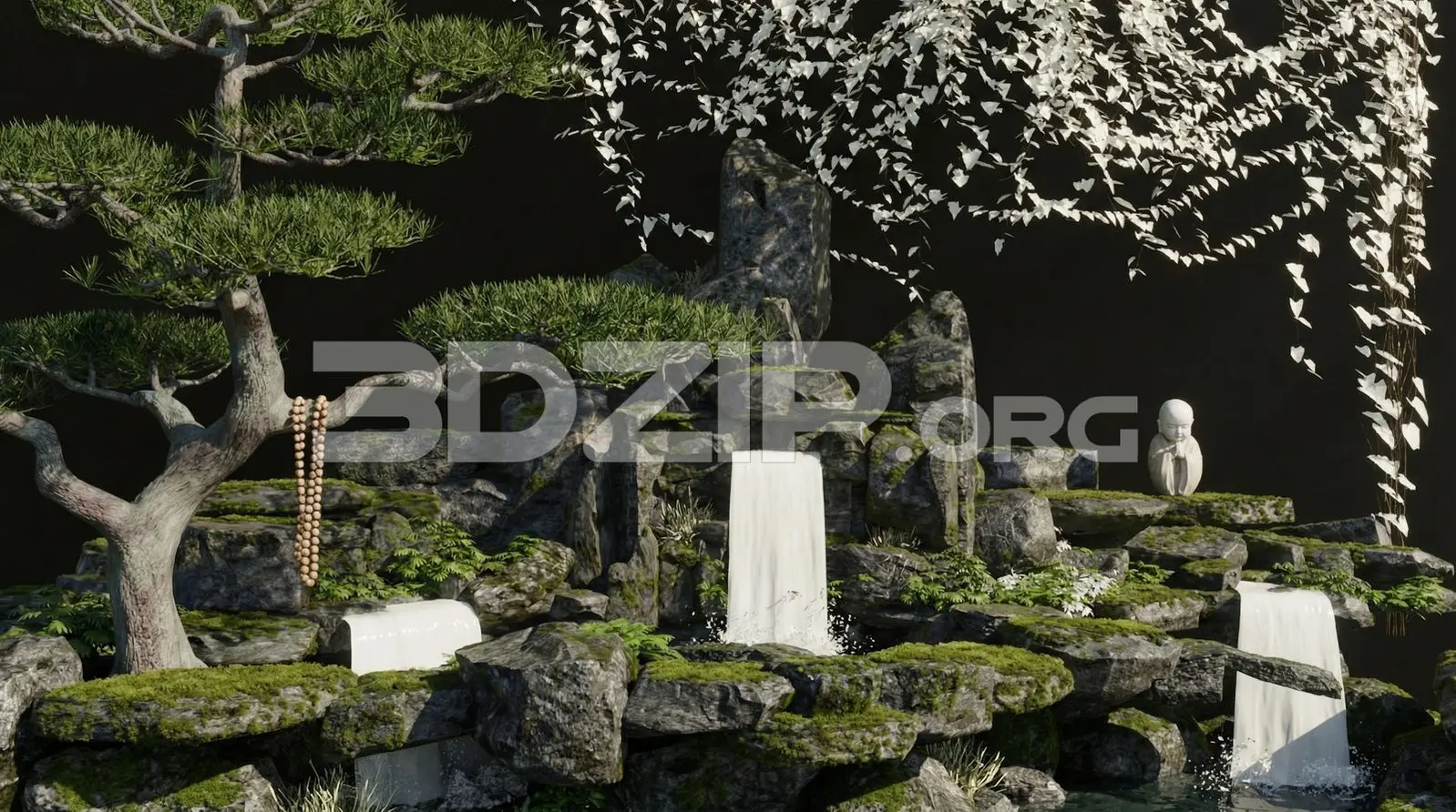 Nature Scene Zen Garden, Waterfall, Mossy Rocks & Bonsai Tree — preview 1 (3dzip)