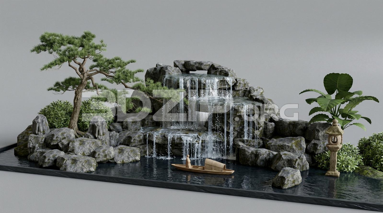 Japanese Waterfall Garden with Bonsai Tree, Rocks and Pond Realistic Rendering