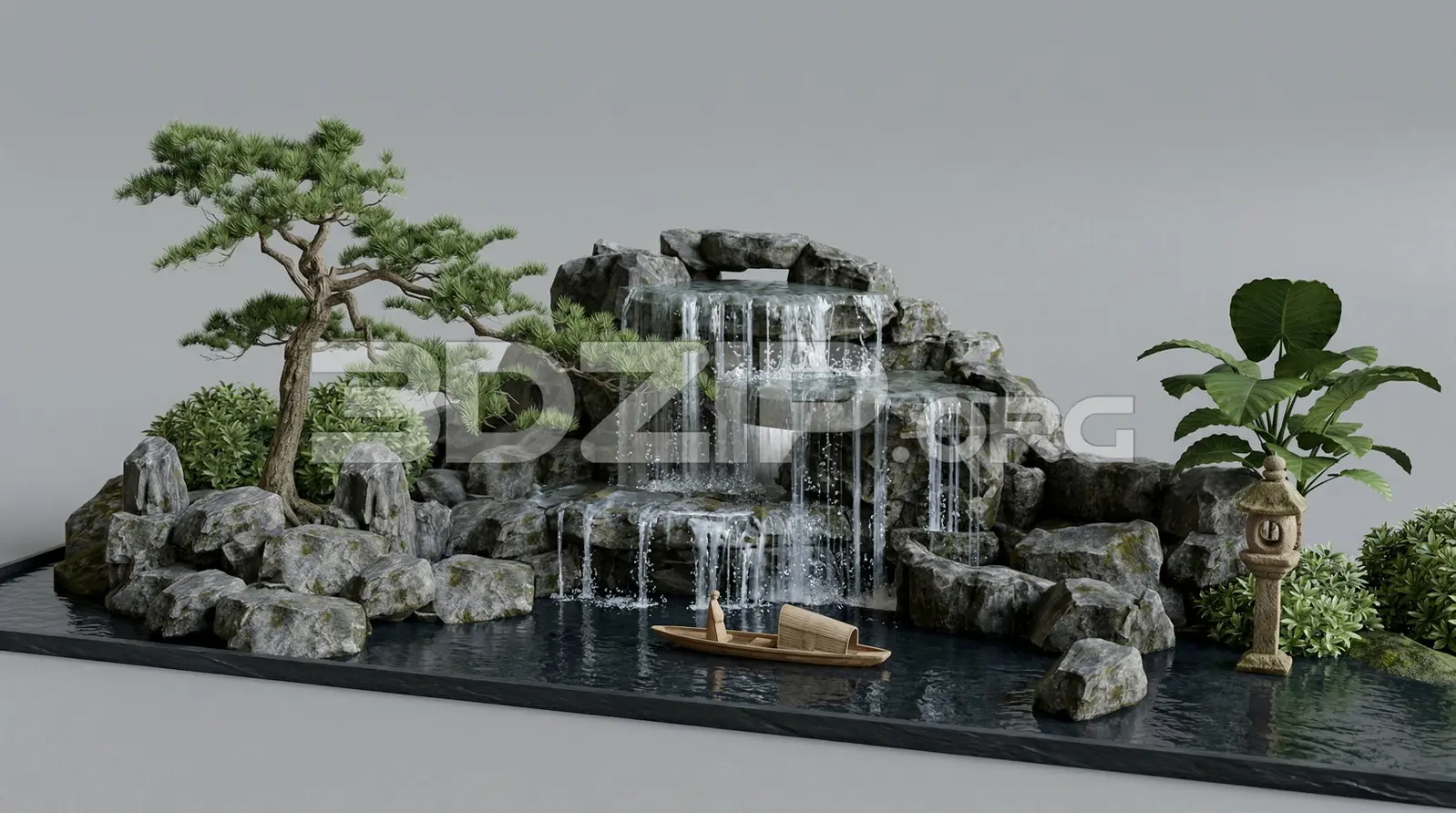 Japanese Waterfall Garden with Bonsai Tree, Rocks and Pond Realistic Rendering — preview 1 (3dzip)