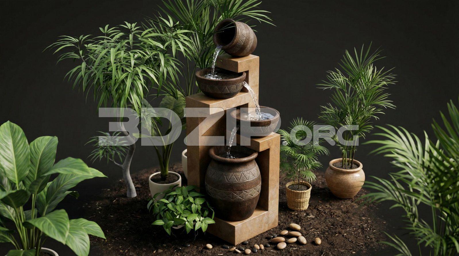 Modern Indoor Water Fountain with Tropical Plants Render