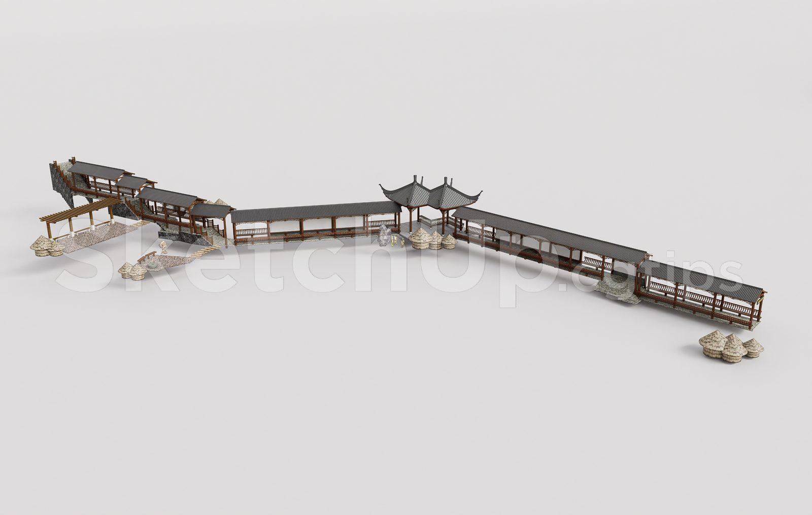 Wooden Structure Corridor with Traditional Tiled Roof
