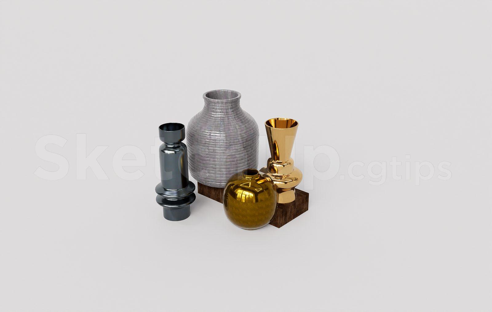 Ceramic and Metallic Vase Set SketchUp Model – Modern Interior Decoration