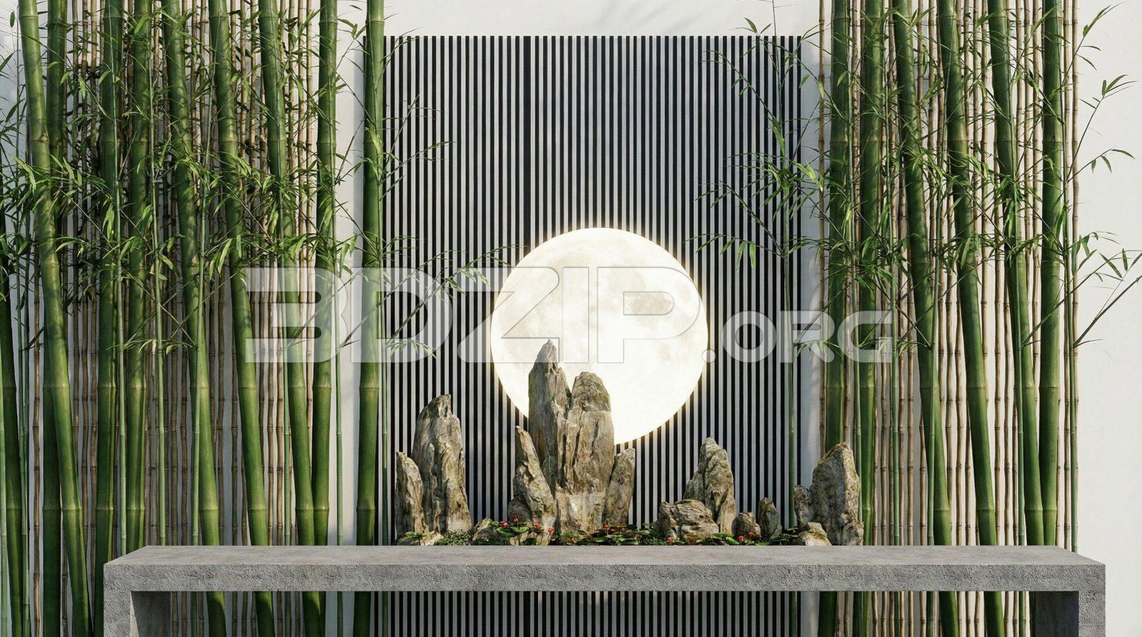 Zen Garden Design with Bamboo and Moon Light Feature Render