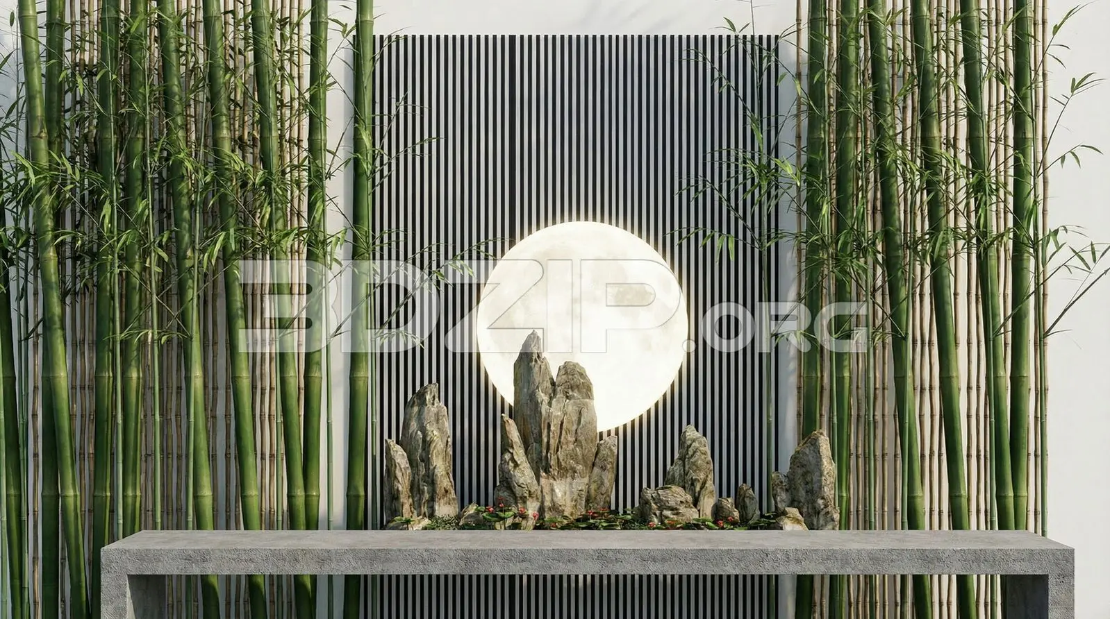 Zen Garden Design with Bamboo and Moon Light Feature Render — preview 1 (3dzip)