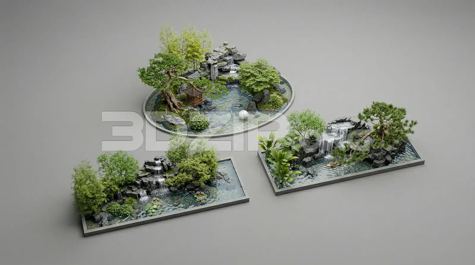 Japanese Zen Garden Collection with Waterfall & Stone Pond Scene Pack
