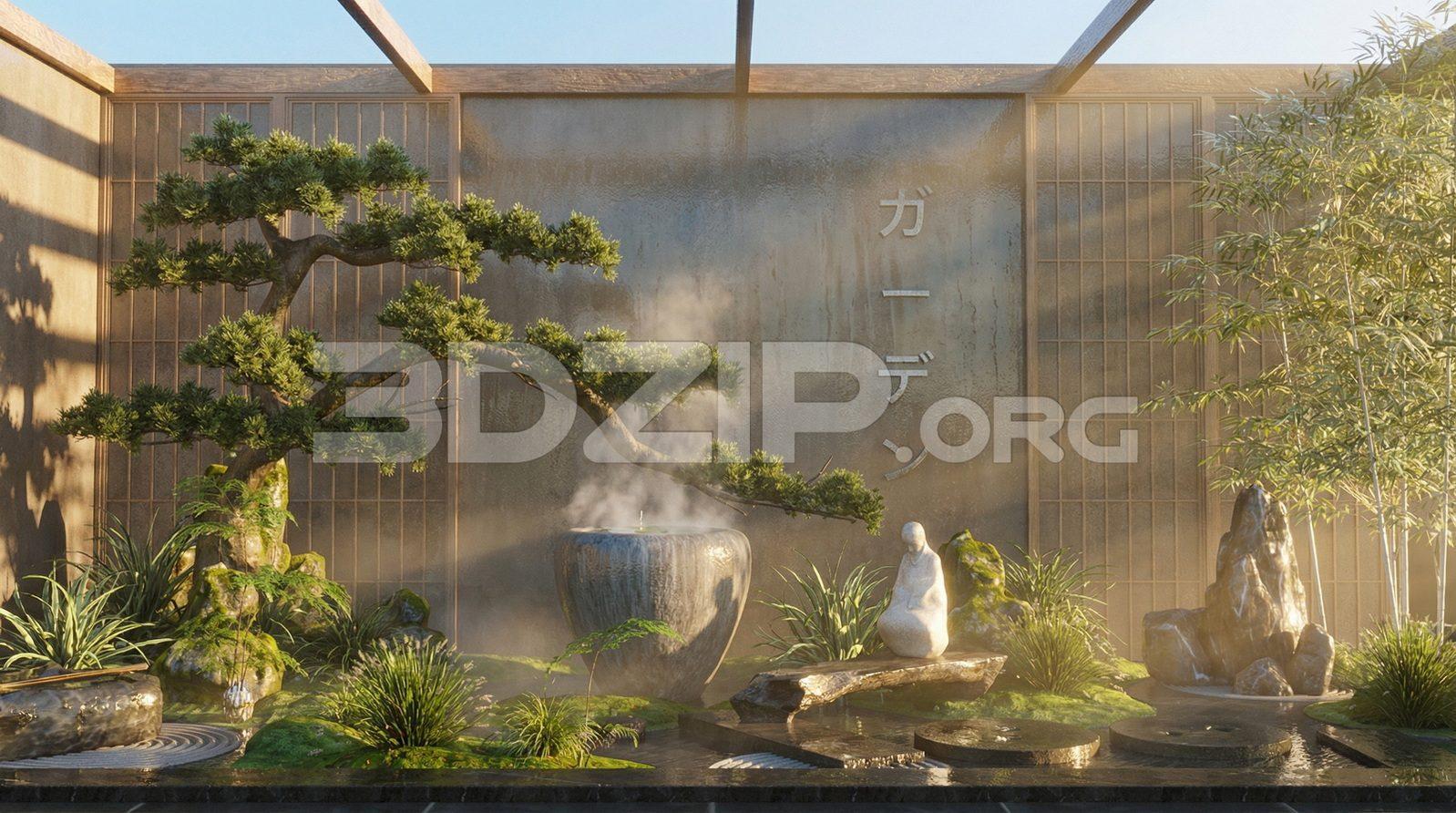 Modern Japanese Zen Garden 3D Scene
