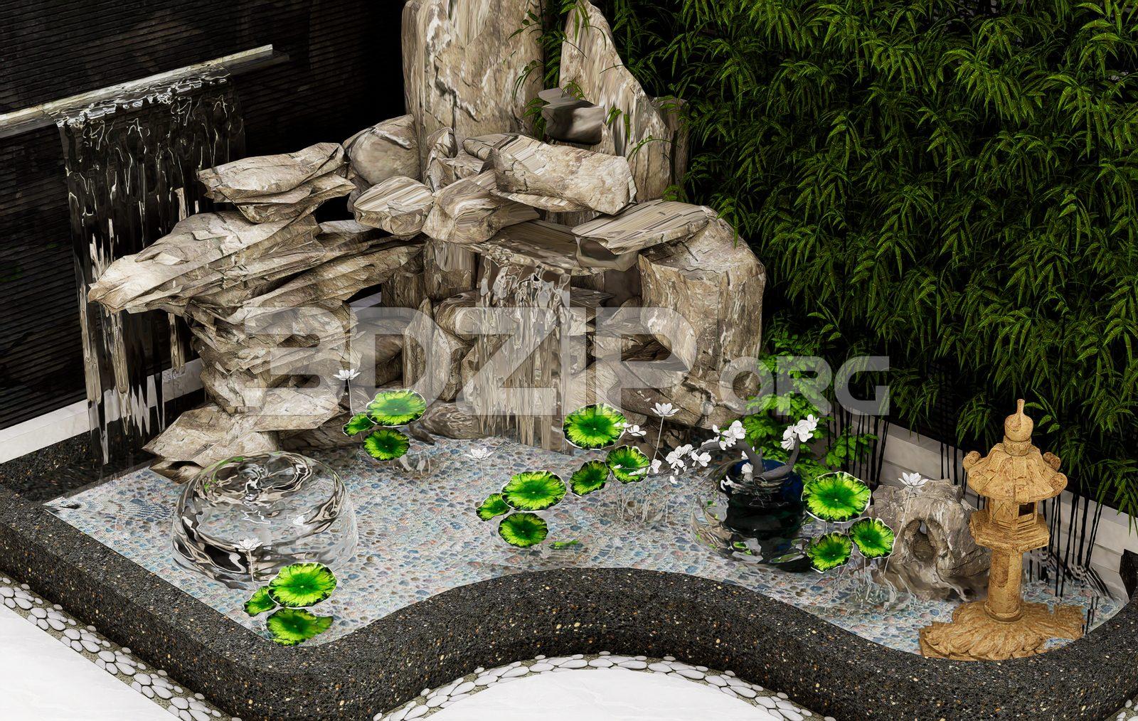 Realistic Rock Waterfall Garden – Exterior Render