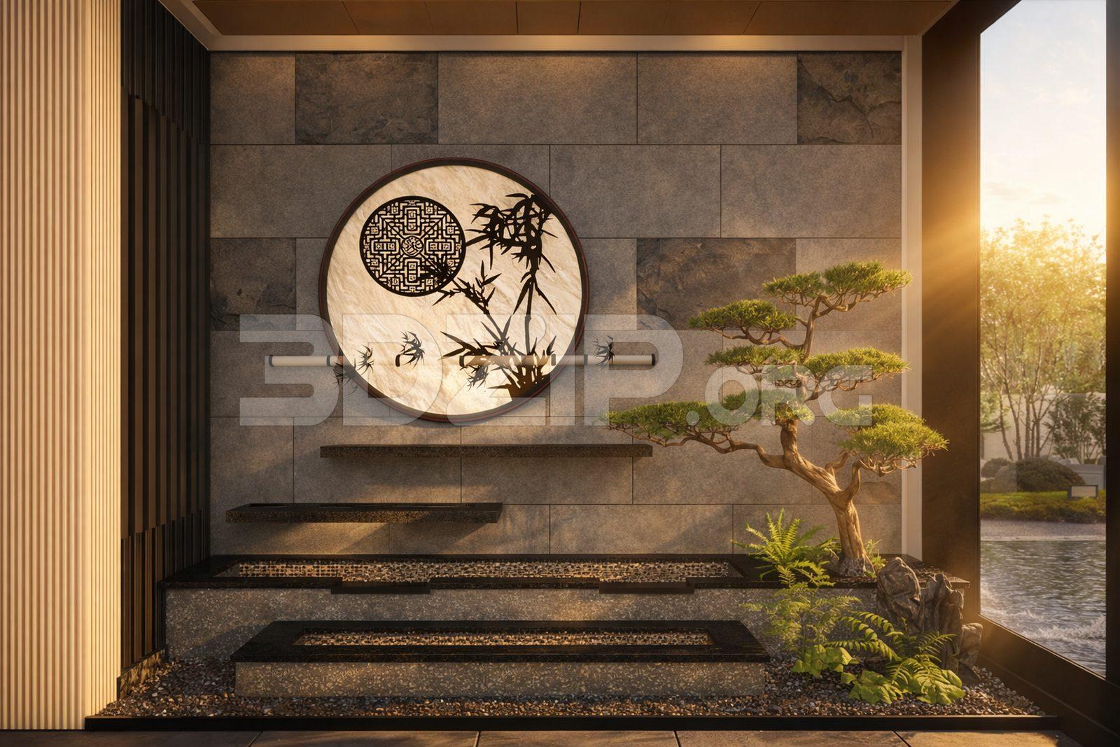 Japanese Zen Interior Wall Design with Bonsai and Stone Texture