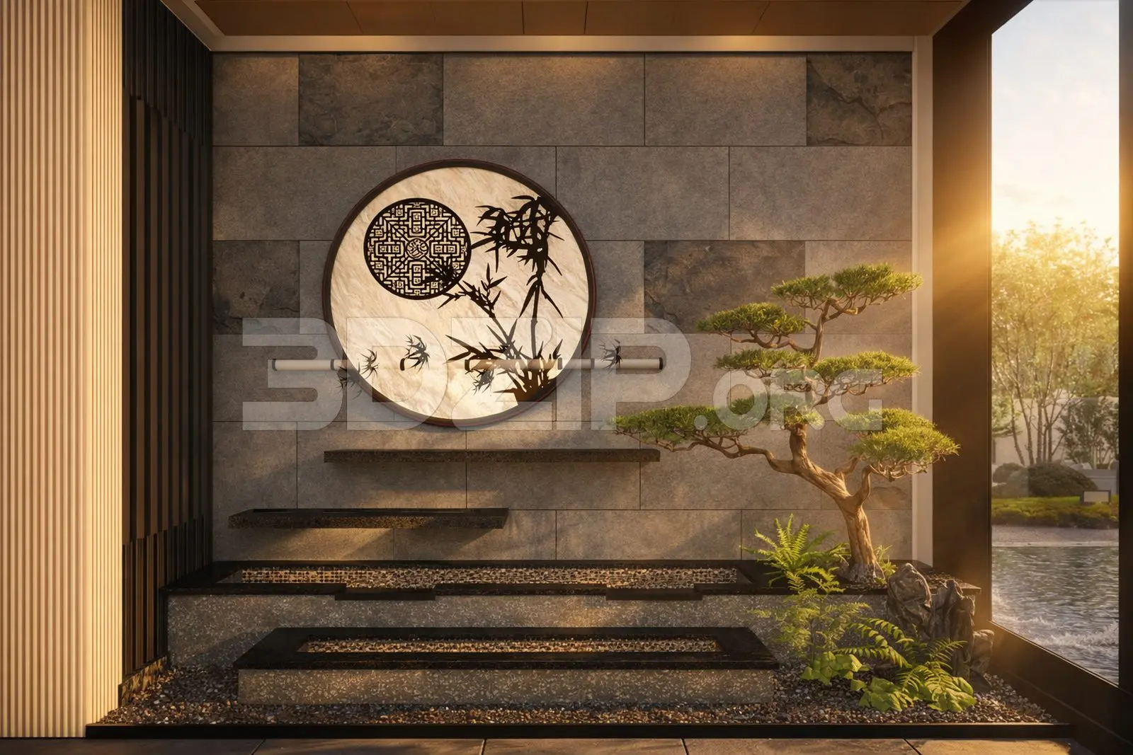 Japanese Zen Interior Wall Design with Bonsai and Stone Texture — preview 1 (3dzip)