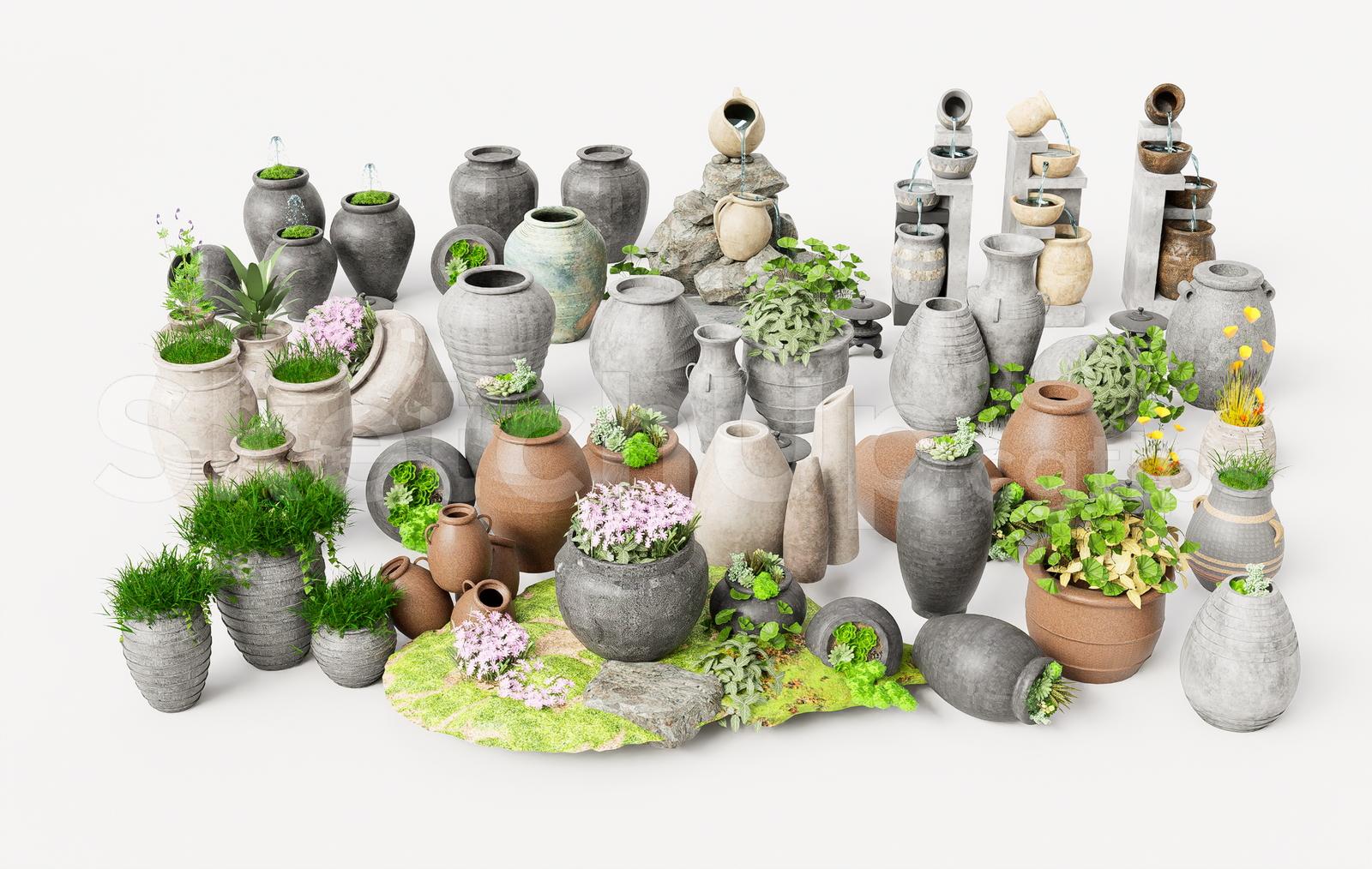 Rustic Ceramic Garden Vase Set 3D Model