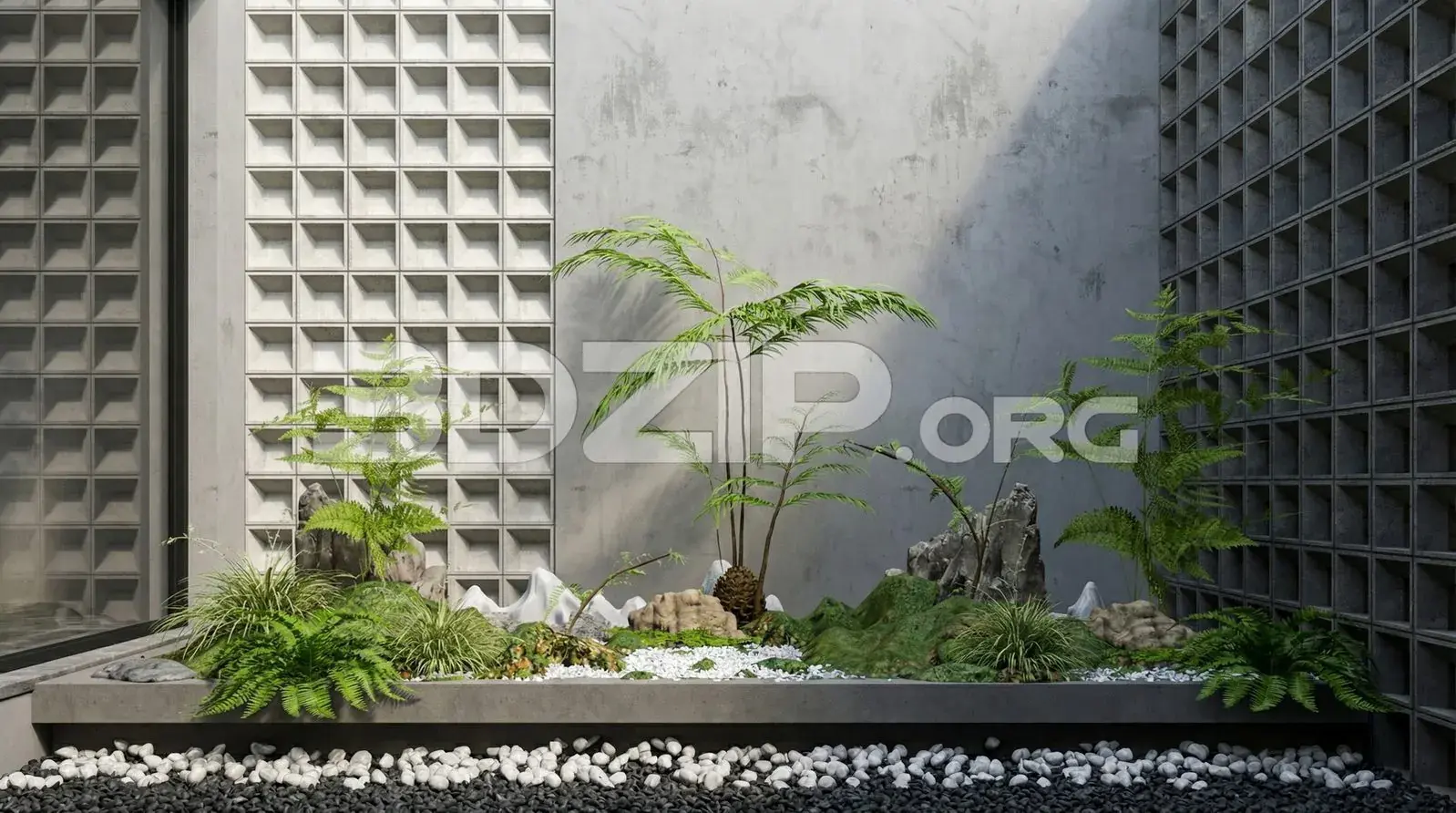 Modern Zen Garden with Stone and Greenery – Exterior Render