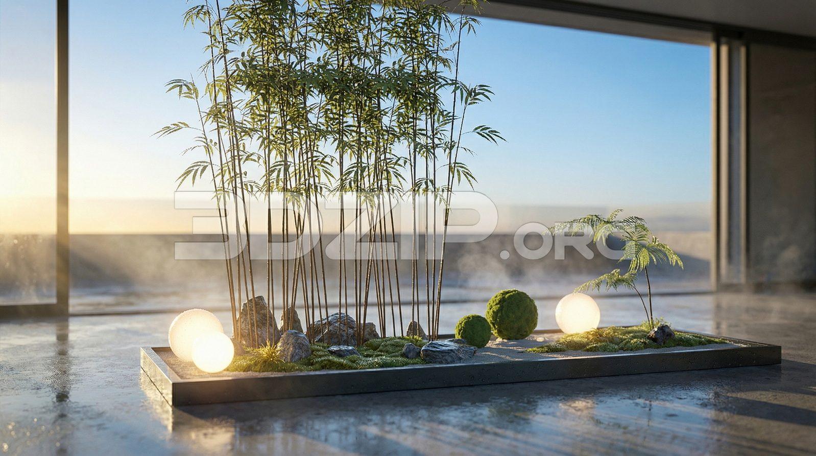Modern Indoor Zen Garden in Bamboo Interior Visualization Render