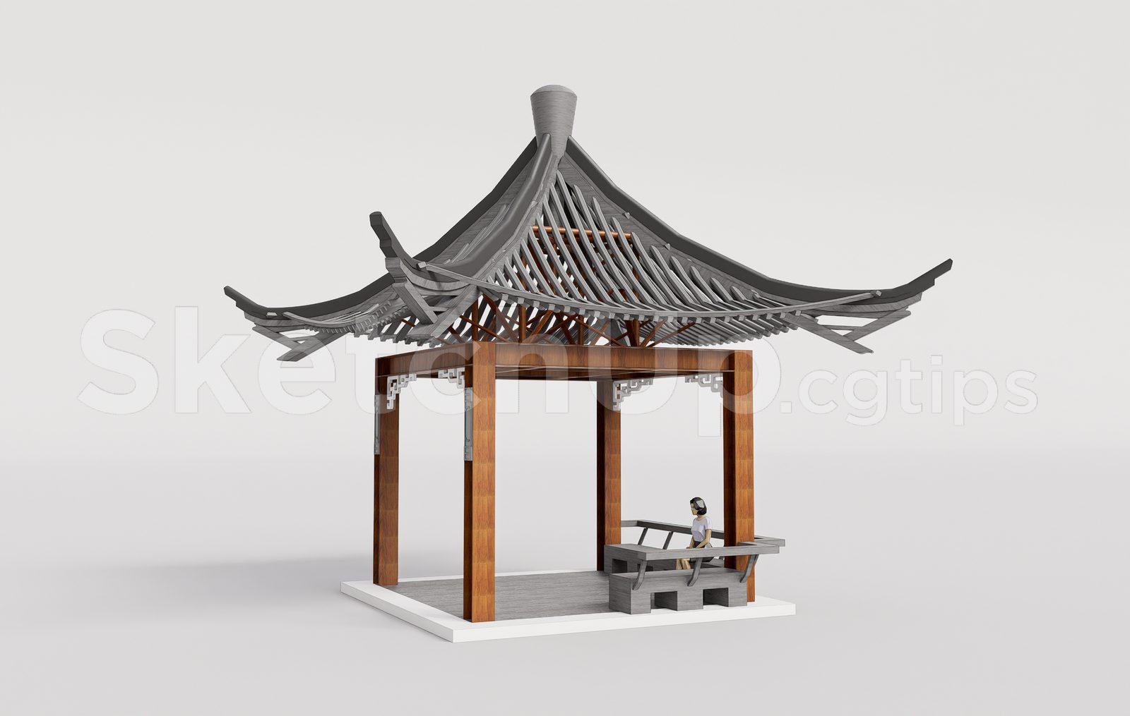 Traditional Wooden Pavilion with Tiled Roof