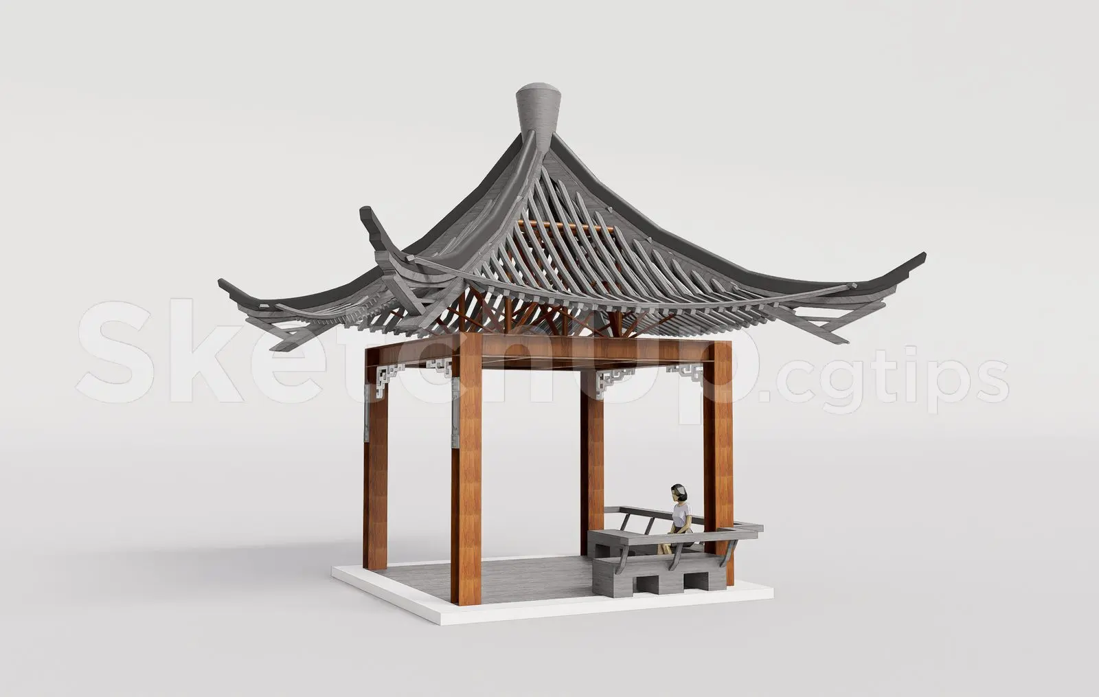 Traditional Wooden Pavilion with Tiled Roof — preview 1 (cgtips)