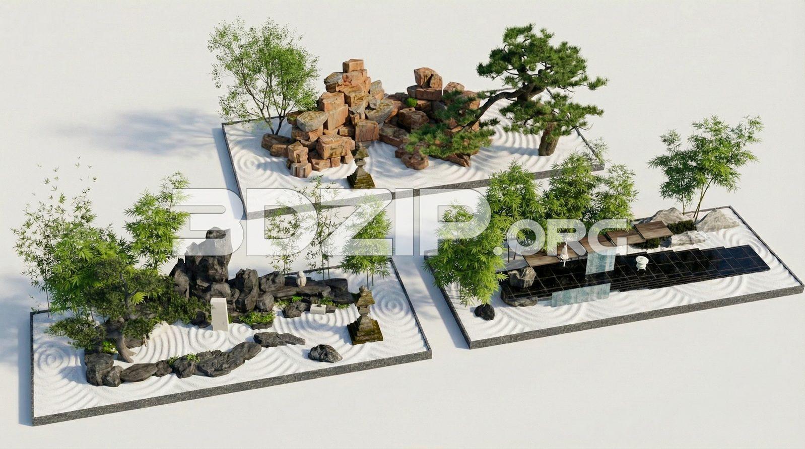 Asian Zen Garden Scenes with Raked Sand, Stone Lantern & Bonsai Trees Render