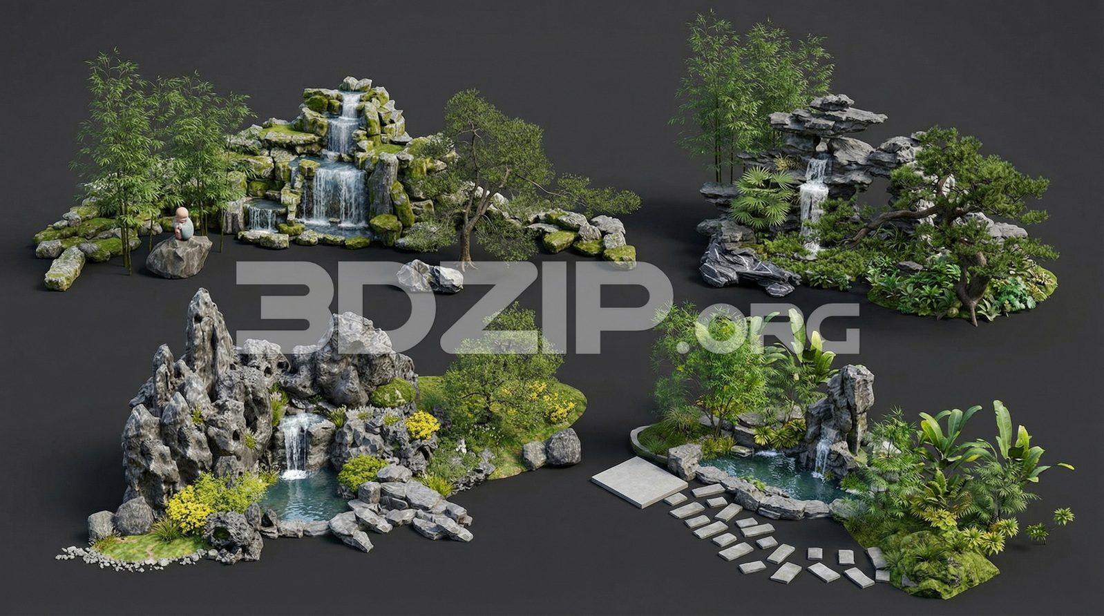 Zen Garden Waterfall Scenes with Stone, Plants & Bonsai Trees Render