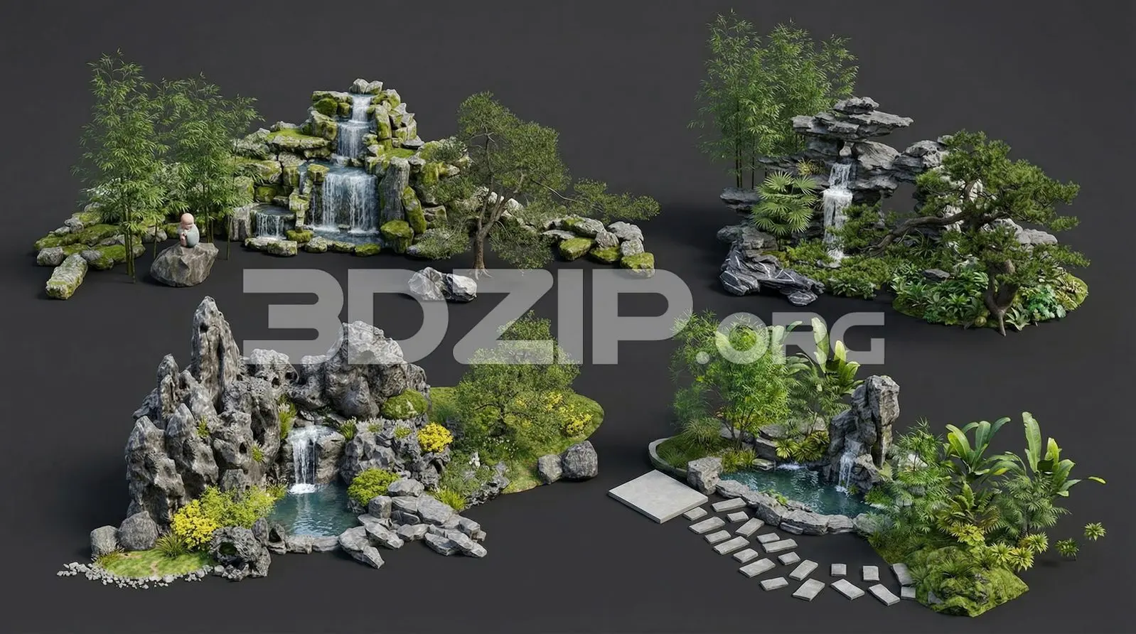 Zen Garden Waterfall Scenes with Stone, Plants & Bonsai Trees Render