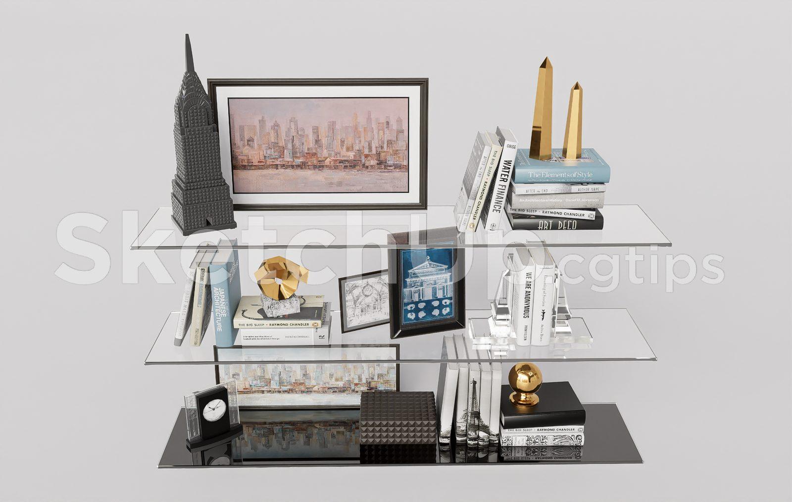Modern Decorative Wall Shelf SketchUp Model – Books, Frames & Decor Set