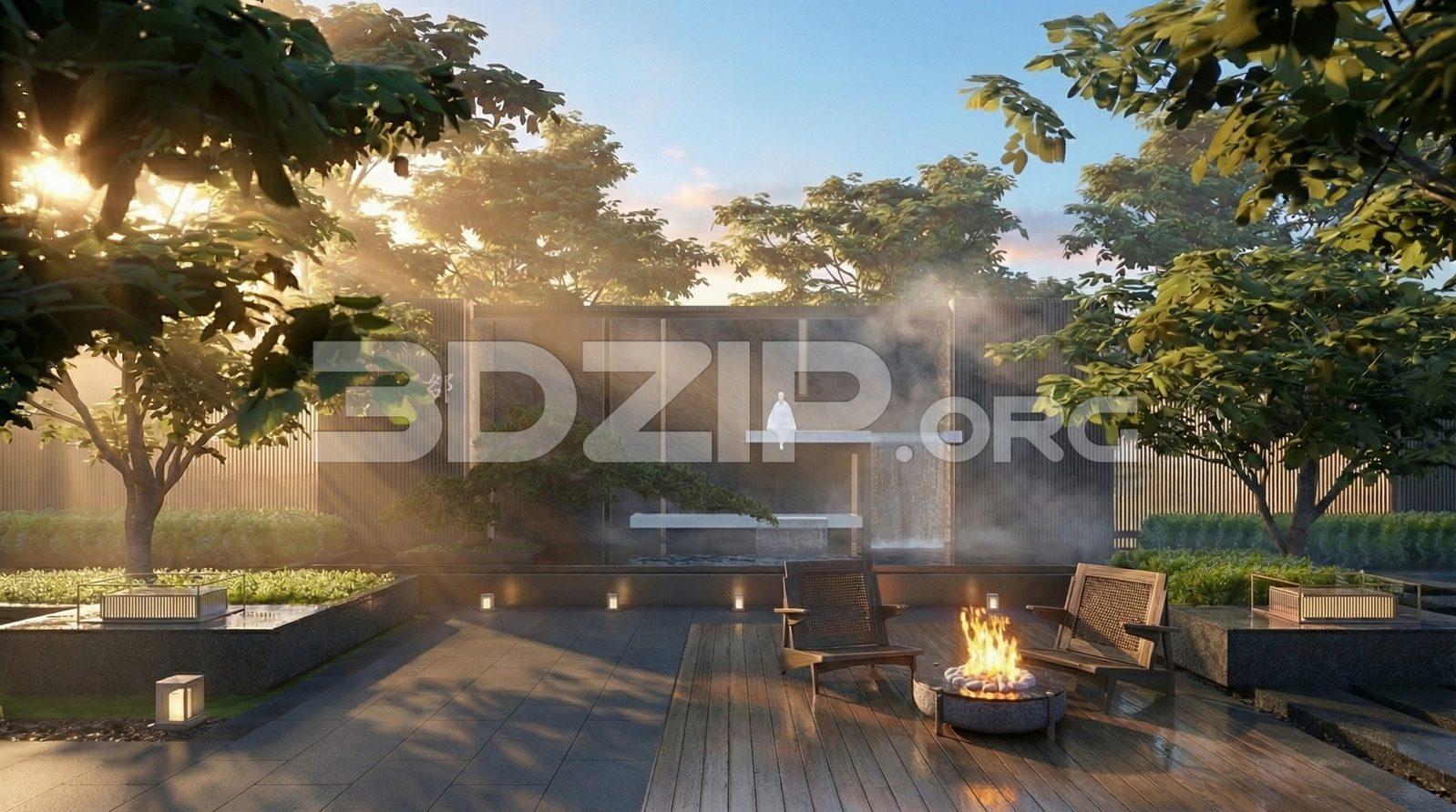 Modern Zen Garden Courtyard Landscape 3D Visualization