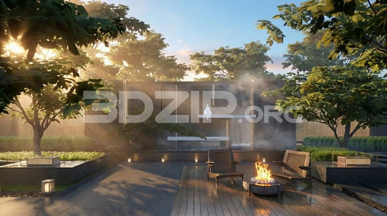 Modern Zen Garden Courtyard Landscape 3D Visualization