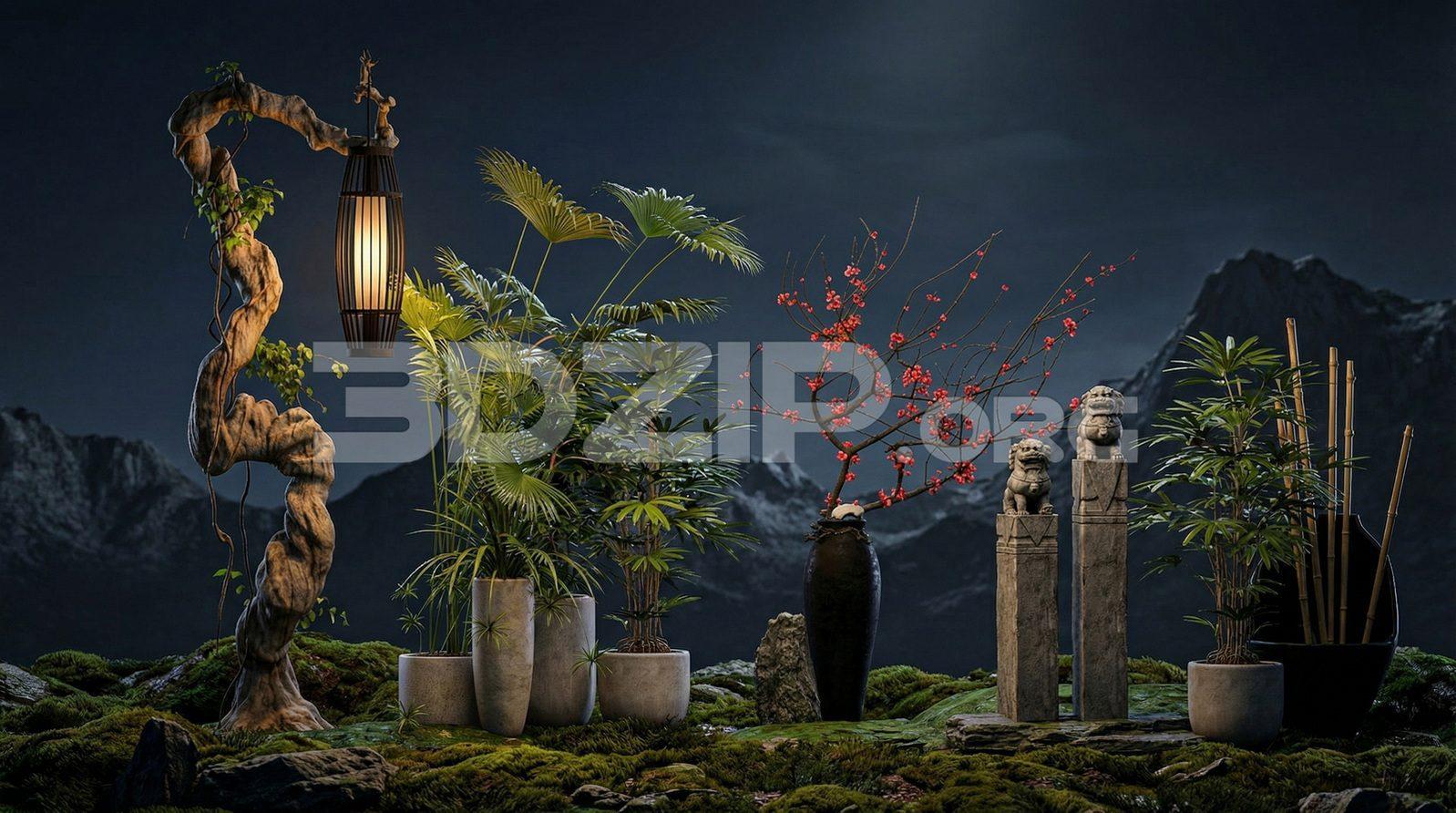 Asian Zen Garden Scene with Stone Statues and Plants – Render