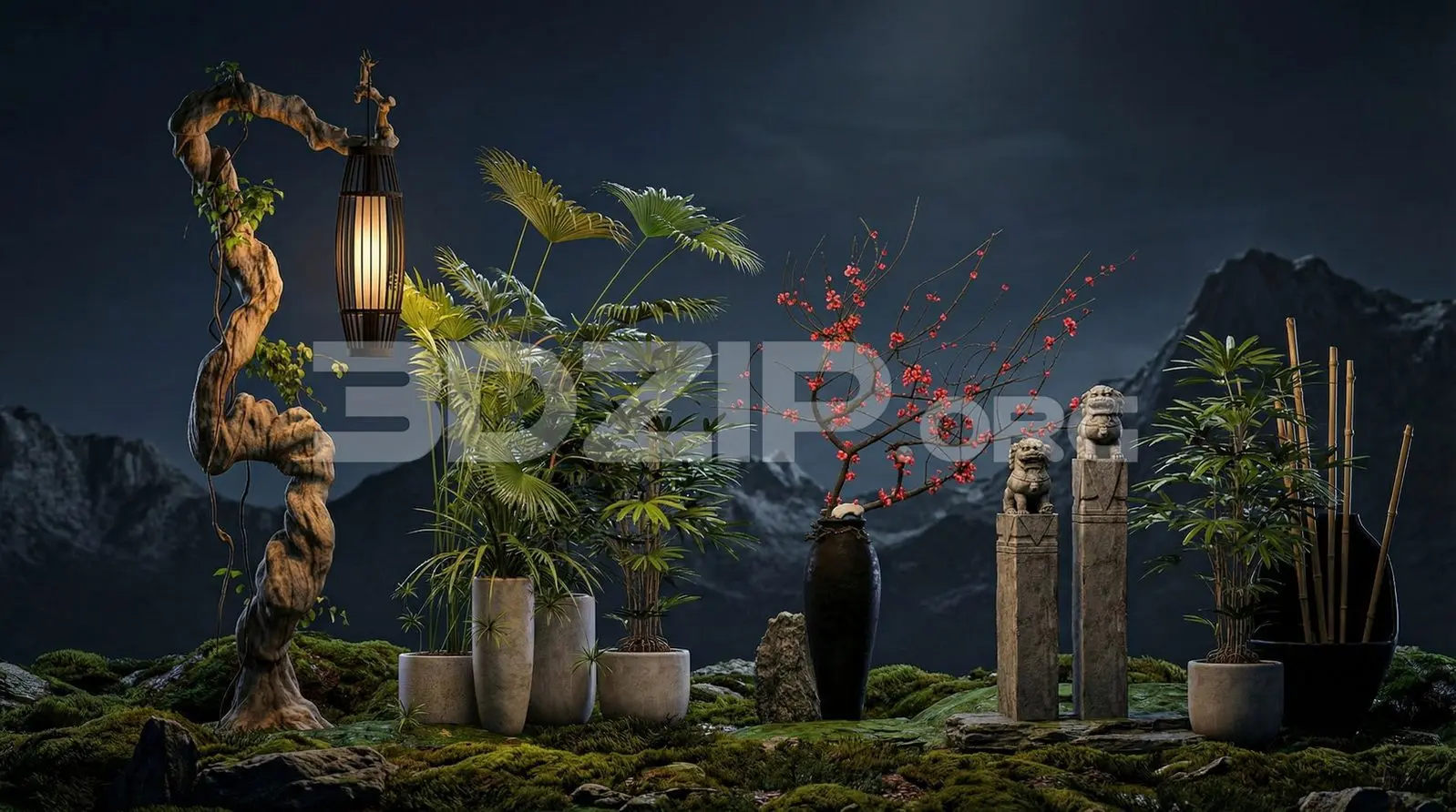 Asian Zen Garden Scene with Stone Statues and Plants – Render