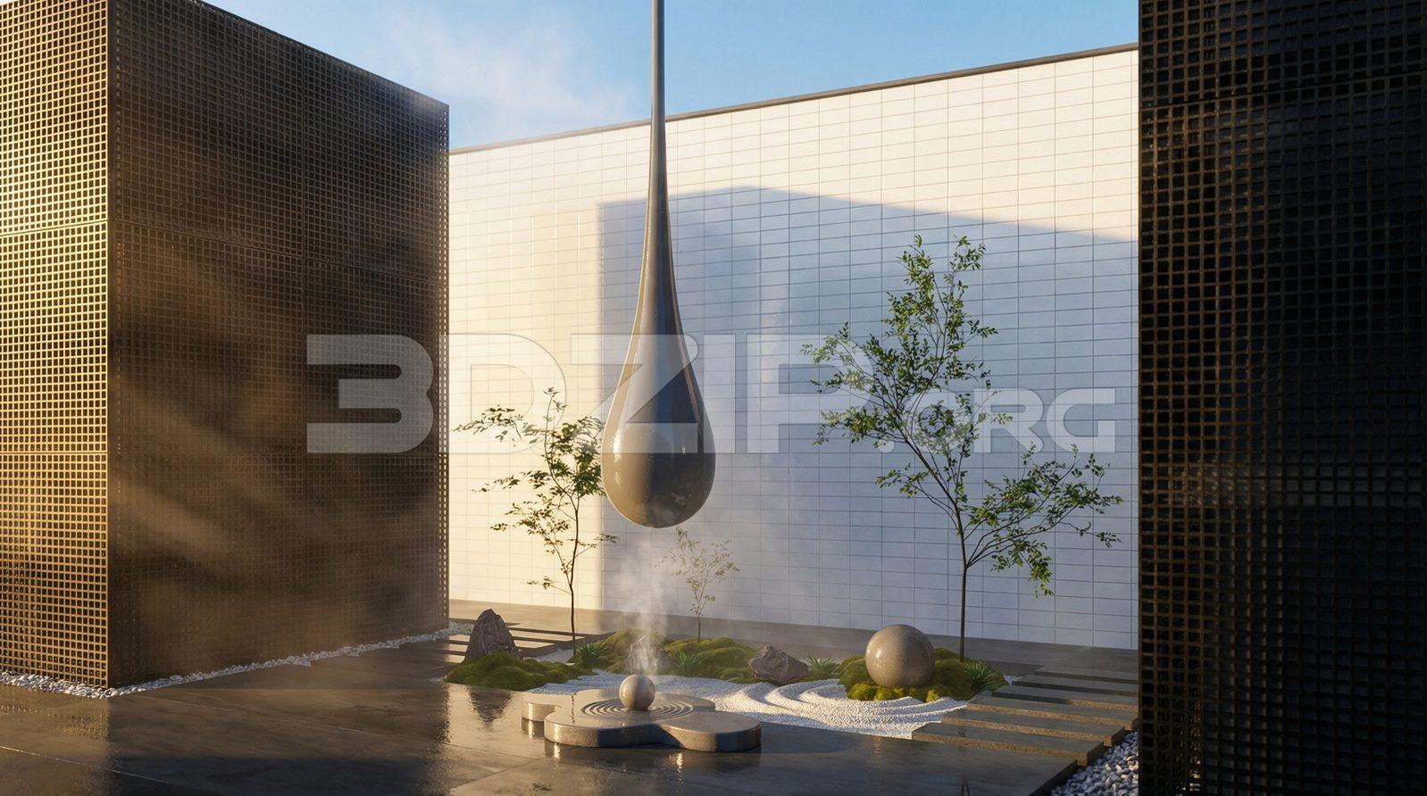 Modern Japanese Zen Courtyard 3D Model – Minimal Landscape