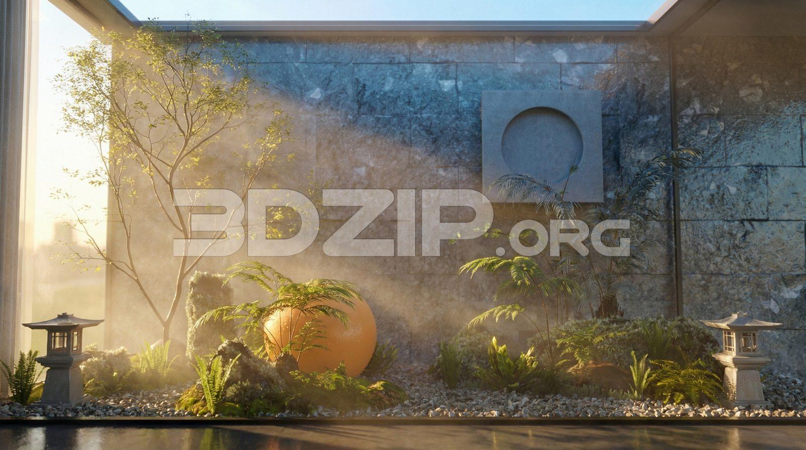 Minimal Zen Indoor Garden Courtyard 3D Visualization