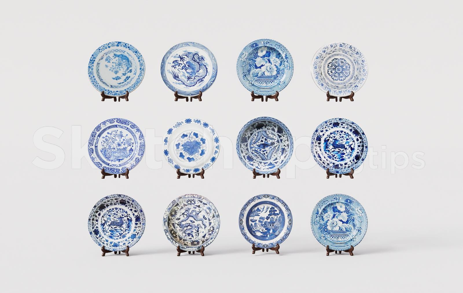 Vintage Blue Ceramic Decorative Plates Set