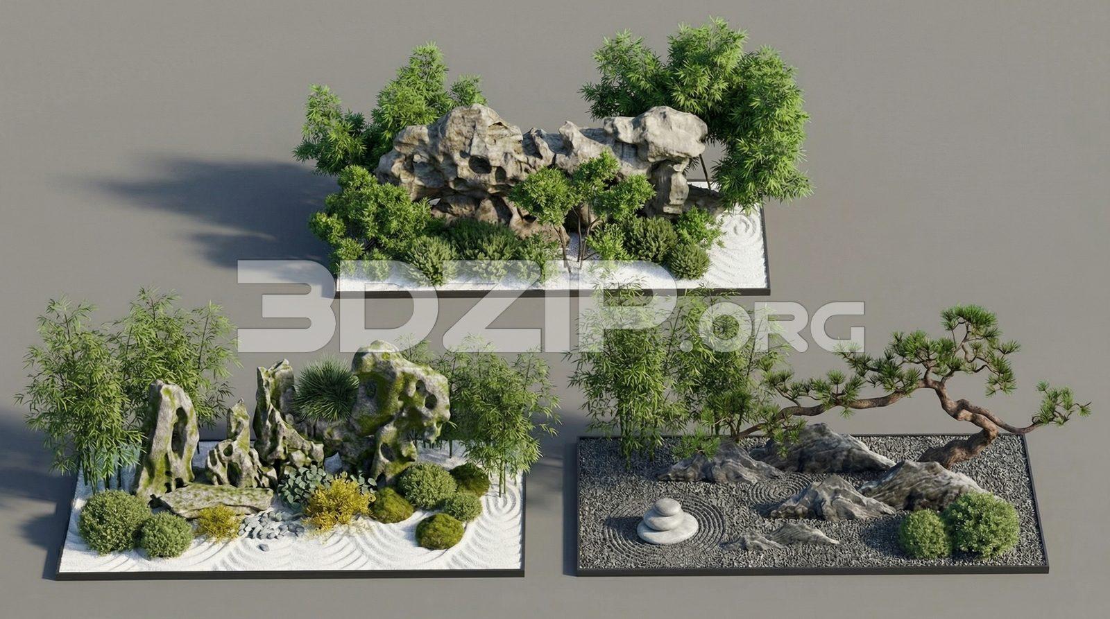 Japanese Zen Garden 3D Model Rock, Sand & Bonsai Landscape