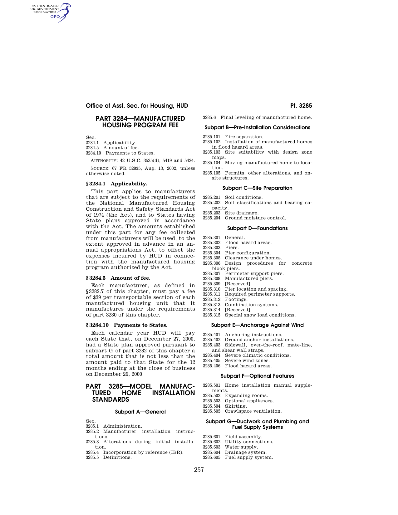 24 CFR Part 3285: Model Manufactured Home Installation Standards