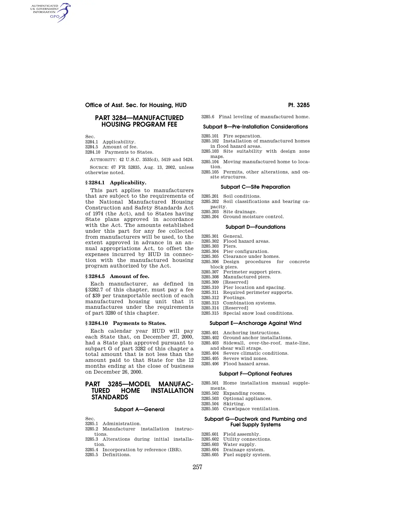 24 CFR Part 3285: Model Manufactured Home Installation Standards — preview 1
