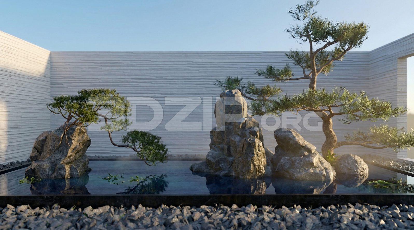 Zen Garden Landscape Architecture with Rockery and Pine Tree Visualization