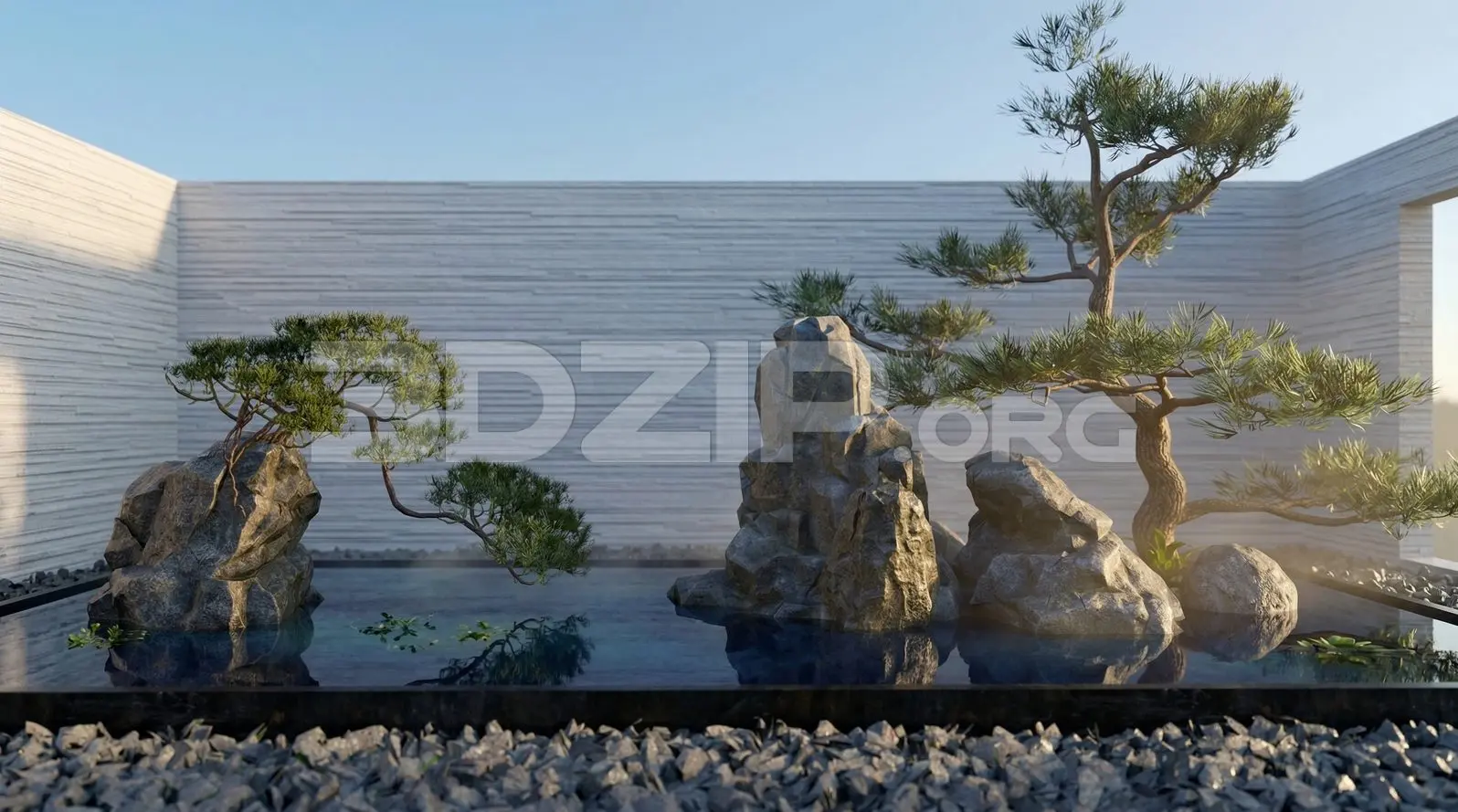 Zen Garden Landscape Architecture with Rockery and Pine Tree Visualization — preview 1 (3dzip)