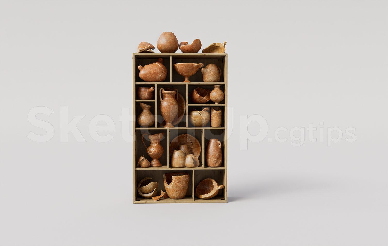 Antique Clay Pottery Collection & Display Shelf