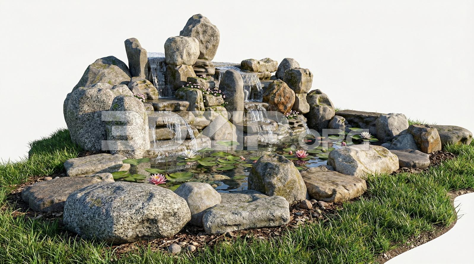 Garden Waterfall with Natural Rocks and Lotus Pond Realistic Rendering