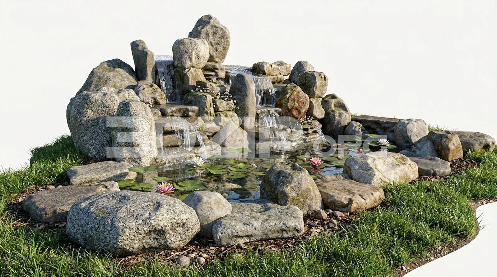 Garden Waterfall with Natural Rocks and Lotus Pond Realistic Rendering — preview 1 (3dzip)