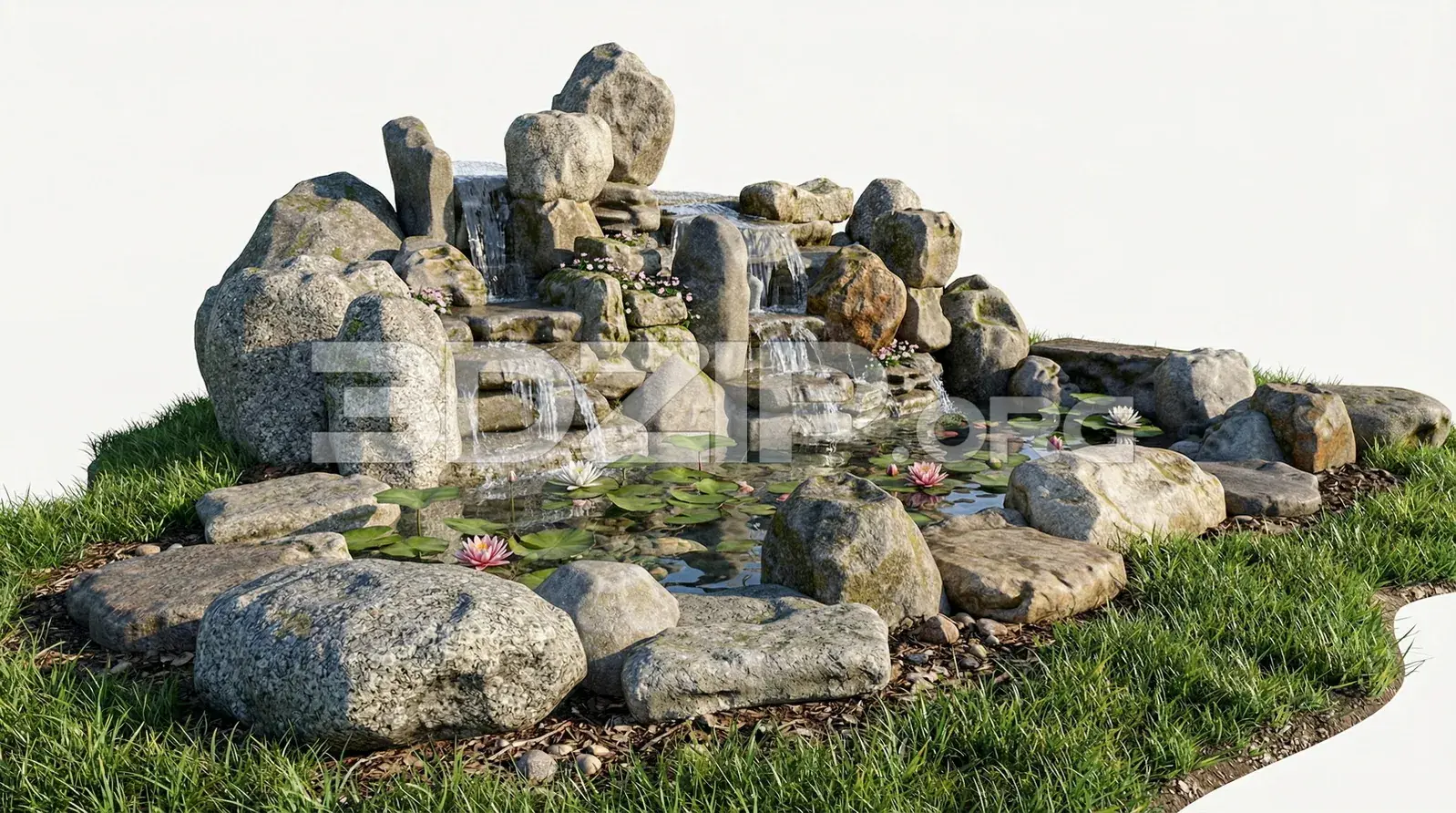 Garden Waterfall with Natural Rocks and Lotus Pond Realistic Rendering