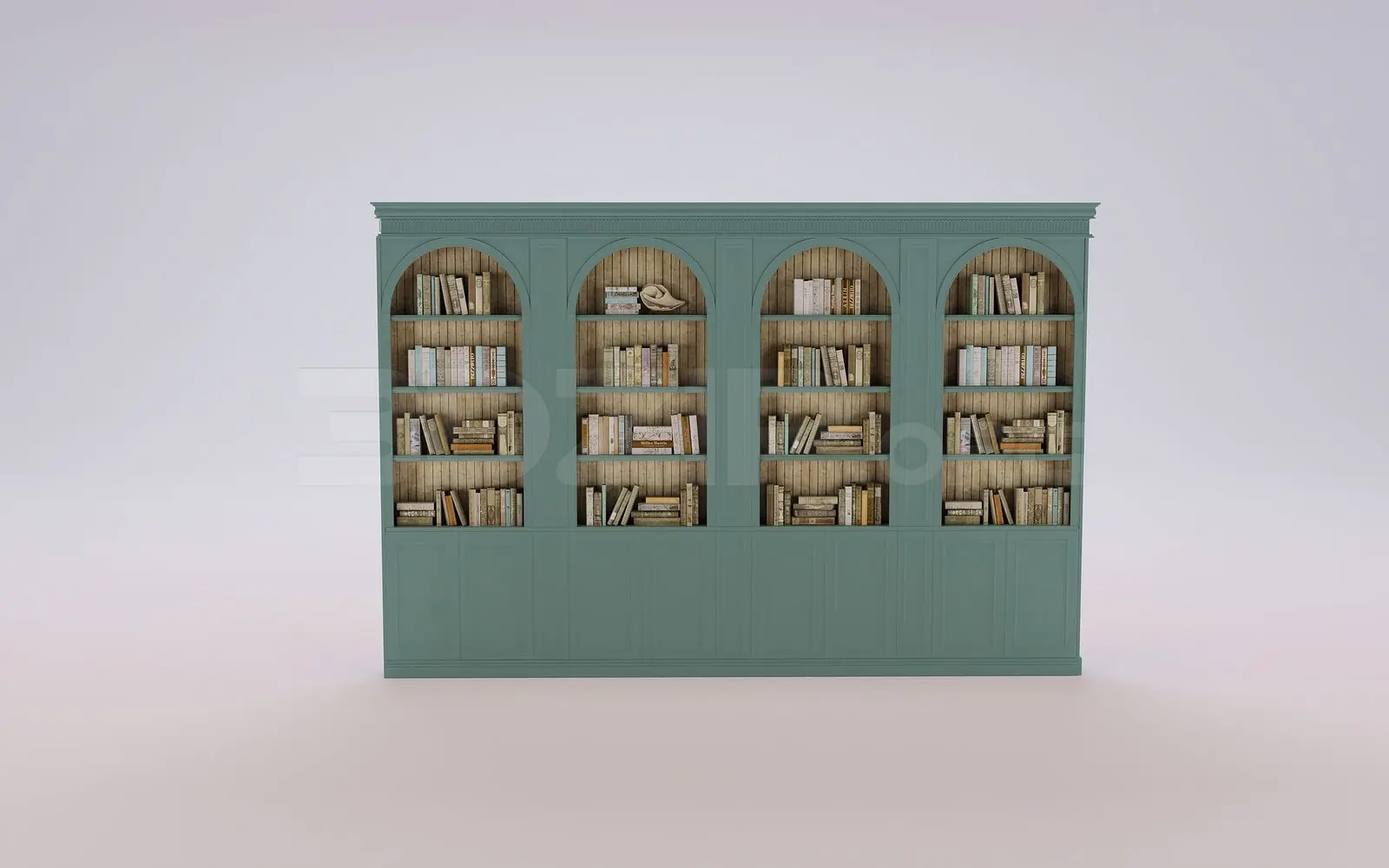 Neoclassical Sage Green Painted Wood Four-Bay Arched Bookcase — front view of a sage green neoclassical four-bay arched bookcase