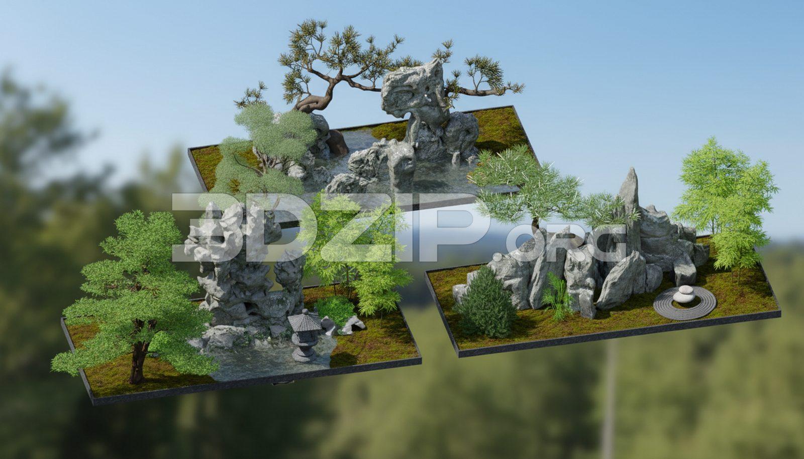 Japanese Zen Garden 3D Scene Rock, Bonsai & Water Landscape