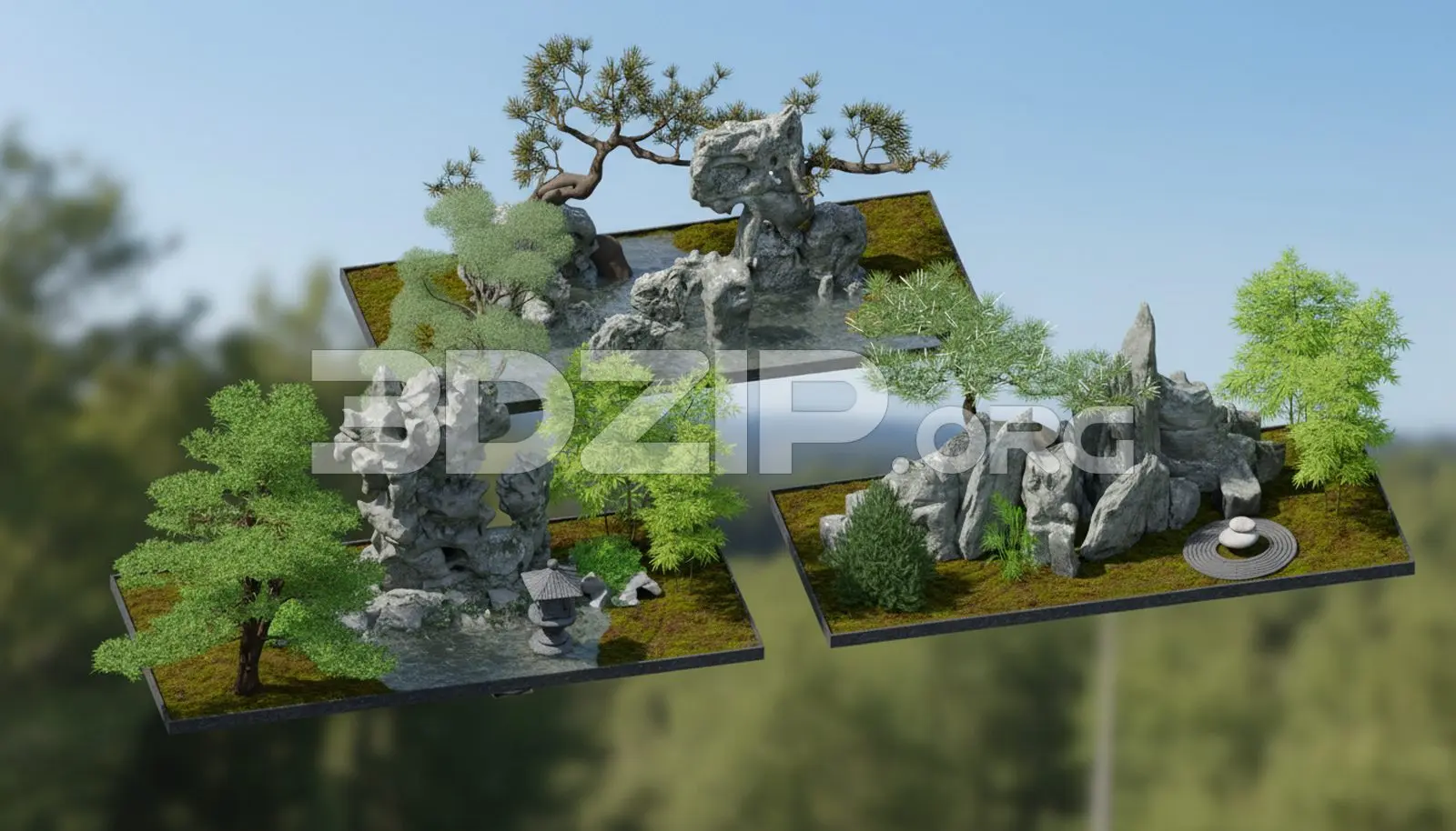 Japanese Zen Garden 3D Scene Rock, Bonsai & Water Landscape — preview 1 (3dzip)