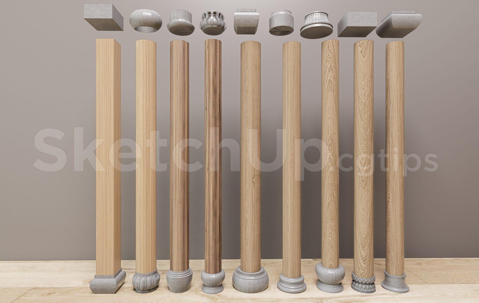 Classical Wood Columns with Bases and Capitals