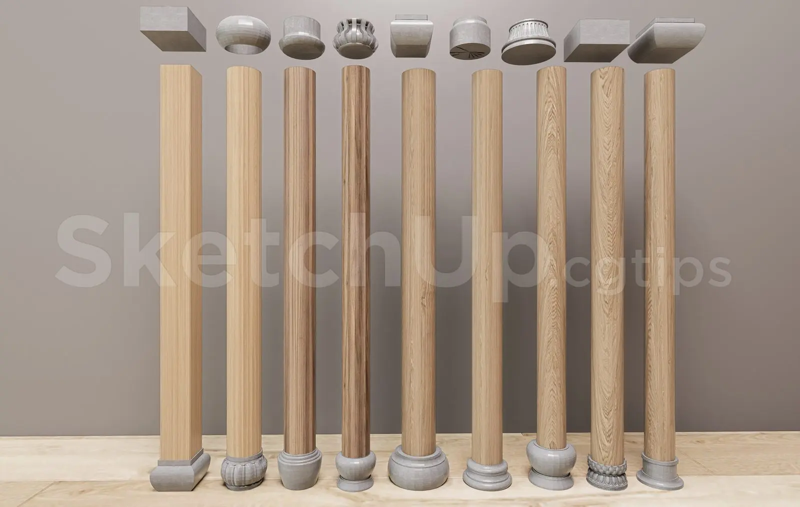 Classical Wood Columns with Bases and Capitals