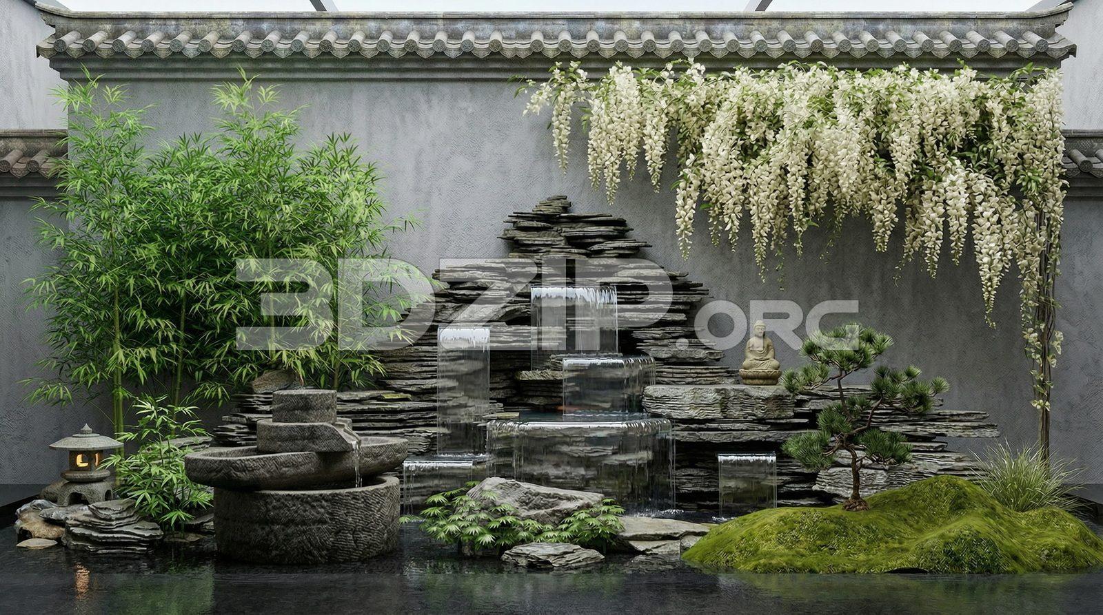 Japanese Zen Garden Waterfall Scene – Free Landscape