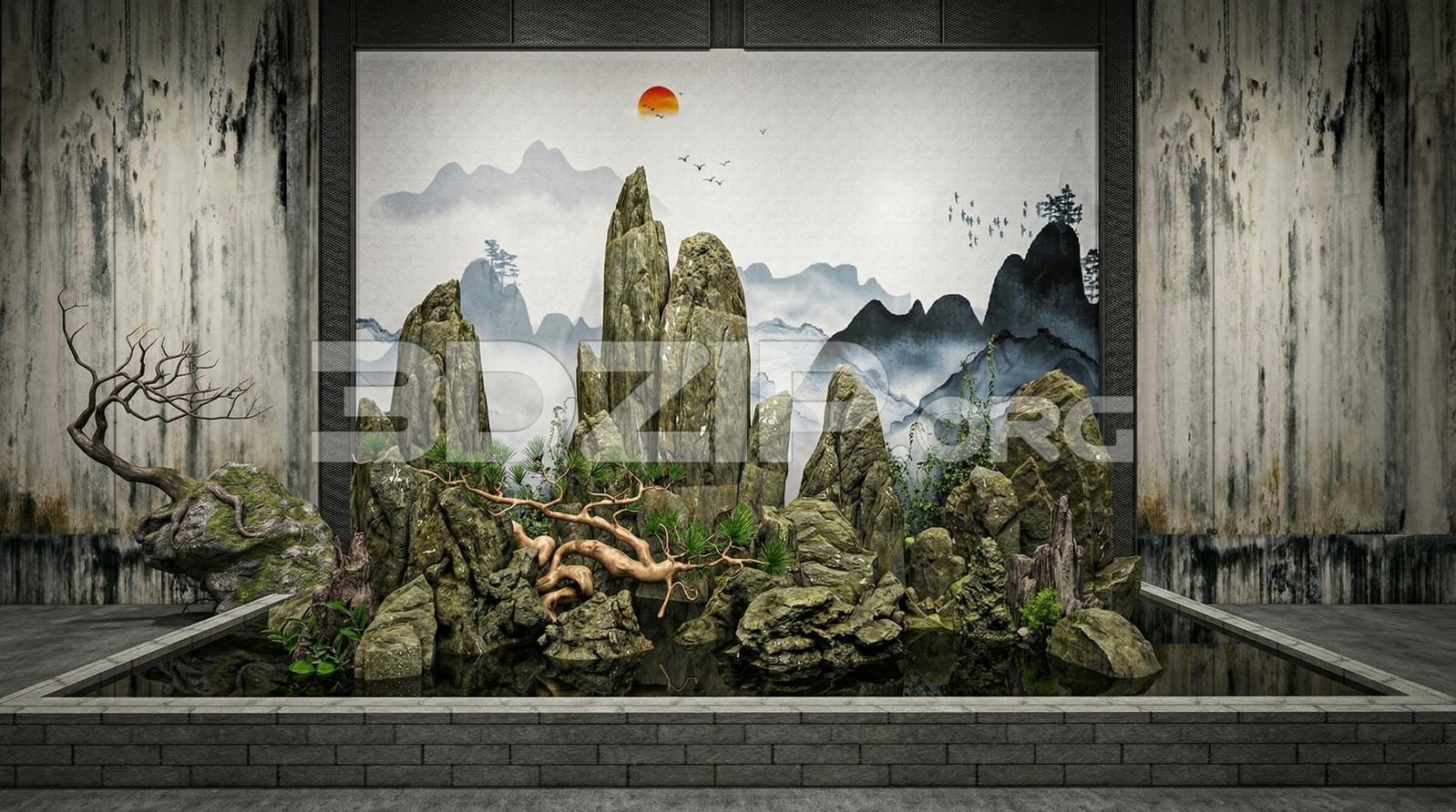Asian Zen Garden Landscape with Natural Rocks, Bonsai Tree and Water Reflection Render