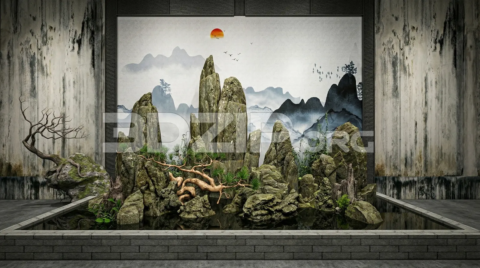 Asian Zen Garden Landscape with Natural Rocks, Bonsai Tree and Water Reflection Render — preview 1 (3dzip)