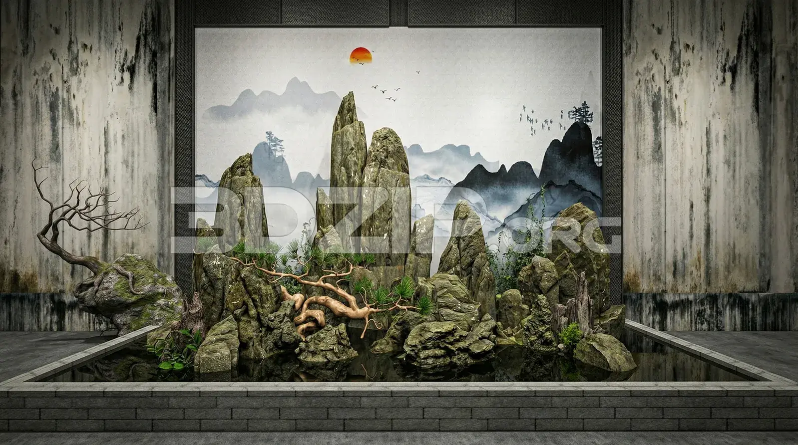 Asian Zen Garden Landscape with Natural Rocks, Bonsai Tree and Water Reflection Render