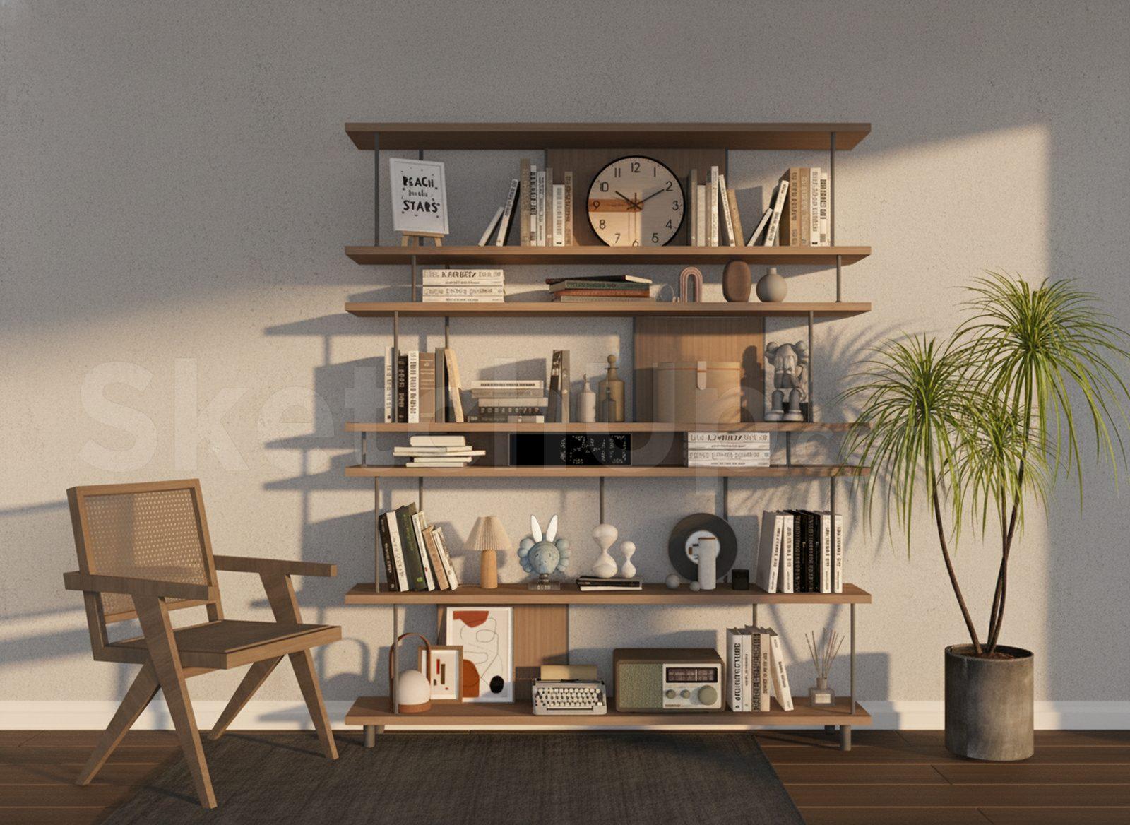 Minimalist Wooden Bookcase with Decorative Accessories